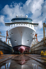 A massive ship stands tall in a dry dock, undergoing repairs and maintenance against a backdrop of cloudy skies.