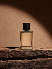 A perfume bottle with a smoky dark amber frosted glass and matte black cap.