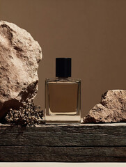 A perfume bottle with a smoky dark amber frosted glass and matte black cap.