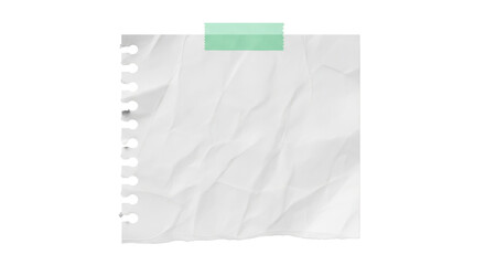 A ripped white notebook paper with perforated edge, taped at the top with mint green masking tape, realistic texture, natural soft shadow, minimal aesthetic, isolated on white background