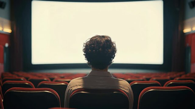 Person sitting alone in a dark cinema waiting for a film, facing a blank screen in an empty movie theater.