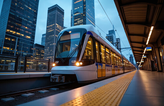 Modern light rail train arrives at city station platform at dusk. Tall buildings with glowing windows line the urban skyline. Commuters wait for public transit. Evening journey begins.