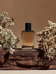 A bottle of perfume with flower