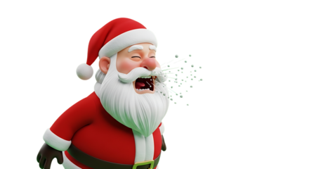 Cartoon Santa Claus Sneezing with Snow and Snot Flying in Transparent Background