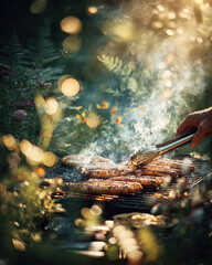 An outdoor grilling scene in a garden