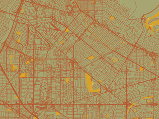 Decorative flat city map of South Whittier, California using sage/olive tone field with rust networks and ochre shapes, cream water.