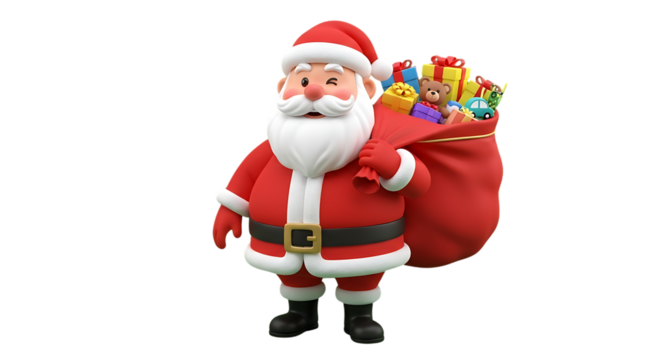 Cartoon Santa Claus Holding Sack of Gifts with Toys and Presents for Christmas Celebration