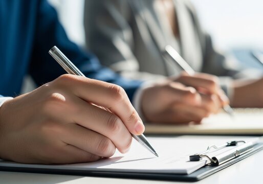 Close-Up of Hand Writing with Pen on Notepad in Office Meeting
