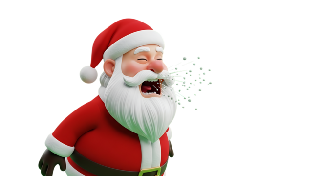 Cartoon Santa Claus Sneezing with Snow and Snot Flying in Transparent Background