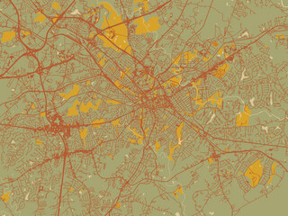 Abstract flat-design map of Spartanburg South, Carolina, featuring olive backdrop with warm rust street network and ochre blocks.