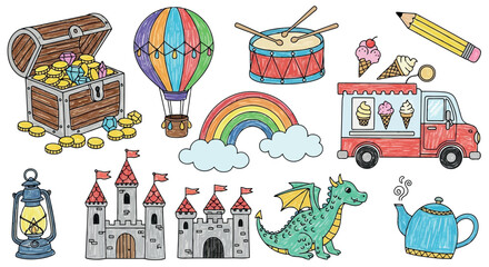 Fototapeta premium Vector art of fantasy and adventure themed doodles including a treasure chest, hot air balloon, drum, ice cream truck, castle, and dragon