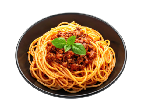 A hearty portion of spaghetti with meat sauce in a dark bowl