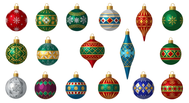 Colorful Christmas Tree Ornaments with Traditional Patterns on Transparent Background