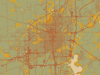 Flat painterly map of Springfield, Illinois in earthy sage background with rust roadways and ochre details.