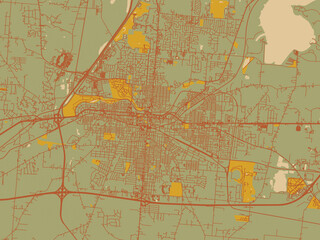 Fototapeta premium Vector-style flat map of Springfield, Ohia with sage/olive tone field with rust networks and ochre shapes, cream water.