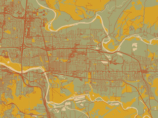 Poster-ready flat map of Springfield, Oregon, olive backdrop with warm rust street network and ochre blocks.