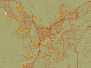 Naklejka premium Flat painterly map of St. George, Utah in earthy sage background with rust roadways and ochre details.