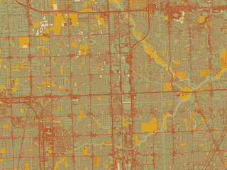 Obraz premium Decorative flat city map of Sterling Heights, Michigan using muted sage base, rust-colored roads, and soft ochre highlights.