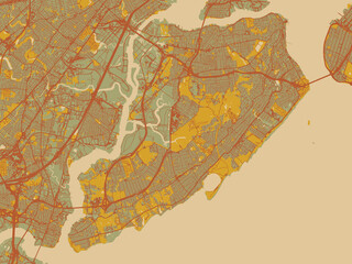 Fototapeta premium Graphic flat color map of Staten Island New, York in sage/olive tone field with rust networks and ochre shapes, cream water.