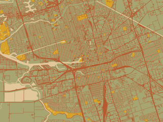 Fototapeta premium Modern flat map poster of Stockton, California in sage green ground with rust-red roads and ochre accents.