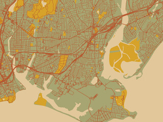 Abstract flat-design map of Stratford, Connecticut, featuring sage/olive tone field with rust networks and ochre shapes, cream water.