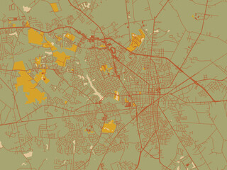 Modern flat map poster of Sumter South, Carolina in earthy sage background with rust roadways and ochre details.