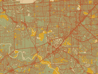 Graphic flat color map of Sugar Land, Texas in muted sage base, rust-colored roads, and soft ochre highlights.