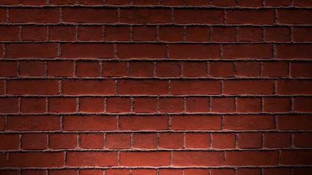 Close-up video of a realistic red brick wall illuminated by a smooth moving spotlight. The light gently transitions across the textured surface, revealing the fine details of the rough bricks and mort