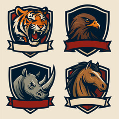 Animal Shield Emblem Pack Tiger Eagle Rhino Horse Mascot Logo Collection Vector