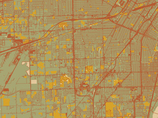 Minimalist flat city map of Taylor, Michigan with olive backdrop with warm rust street network and ochre blocks.