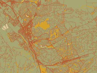 Stylized minimalist map of Temecula, California in earthy sage background with rust roadways and ochre details.