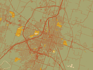 Abstract flat-design map of Temple, Texas, featuring earthy sage background with rust roadways and ochre details.