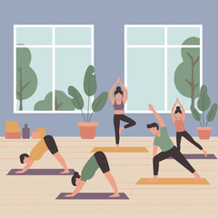 Obraz premium Group of diverse people practicing yoga in a bright studio promoting wellness and active lifestyle