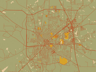 Minimalist flat city map of Thomasville, Georgia with olive backdrop with warm rust street network and ochre blocks.