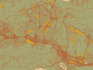 Contemporary flat map of Thousand Oaks, California rendered with sage green ground with rust-red roads and ochre accents.