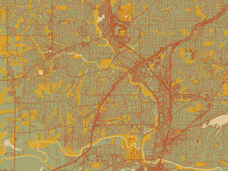 Stylized minimalist map of Tigard, Oregon in muted sage base, rust-colored roads, and soft ochre highlights.