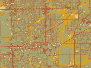 Fototapeta premium Stylized minimalist map of Tinley Park, Illinois in sage/olive tone field with rust networks and ochre shapes, cream water.