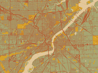 Stylized minimalist map of Toledo, Ohio in sage green ground with rust-red roads and ochre accents.