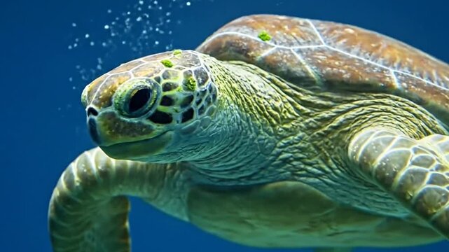 Close Up of a Green Sea Turtle Swimming Gracefully in Deep Blue Ocean Waters Sunlight Illuminating Its Shell and Face Undersea Marine Life Stock Photo