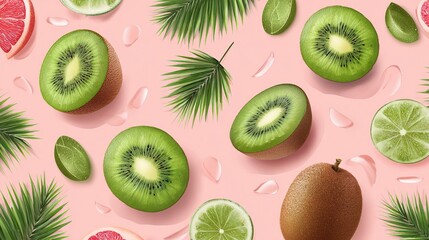Fototapeta premium Kiwi and citrus fruits on pink background