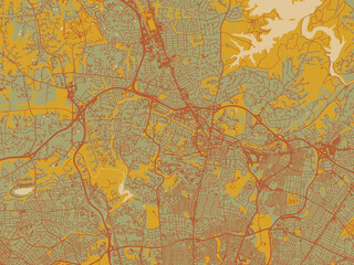Graphic flat color map of Towson, Maryland in sage green ground with rust-red roads and ochre accents.