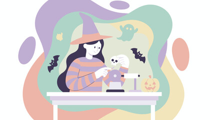 Happy witch crafting Halloween decorations skull pumpkin ghost bats Festive holiday design