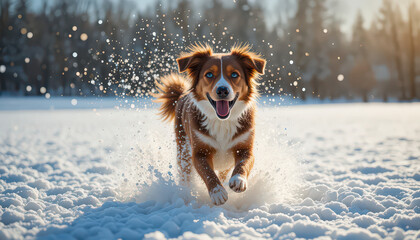 Happy dog running through the snow on a sunny winter day in nature