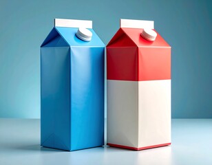 Two cartons of milk, one blue, one red and white