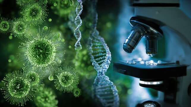 Microscope with DNA and virus particles - Powered by Adobe