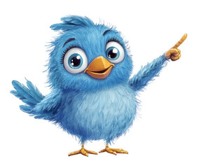 Fototapeta premium A charming blue bird with fluffy feathers points its wing upwards, isolated on transparent background, creating a whimsical and inviting image for various applications
