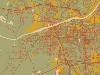 Decorative flat city map of Tuscaloosa, Alabama using olive backdrop with warm rust street network and ochre blocks.