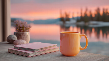 Productive evening work setup with laptop mug and notepad in a serene sunset inspired workspace