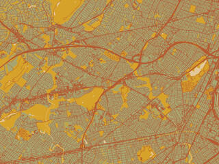 Minimalist flat city map of Union, New jersey with sage/olive tone field with rust networks and ochre shapes, cream water.