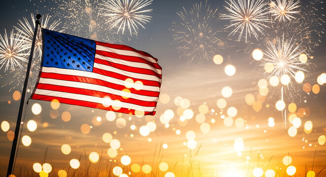American Flag Waving with Fireworks and Bokeh Lights - Powered by Adobe